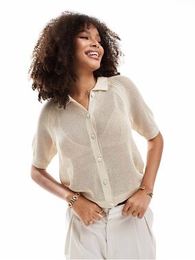 Vero Moda Cream Open-Knit Short Sleeve Button-Down Top